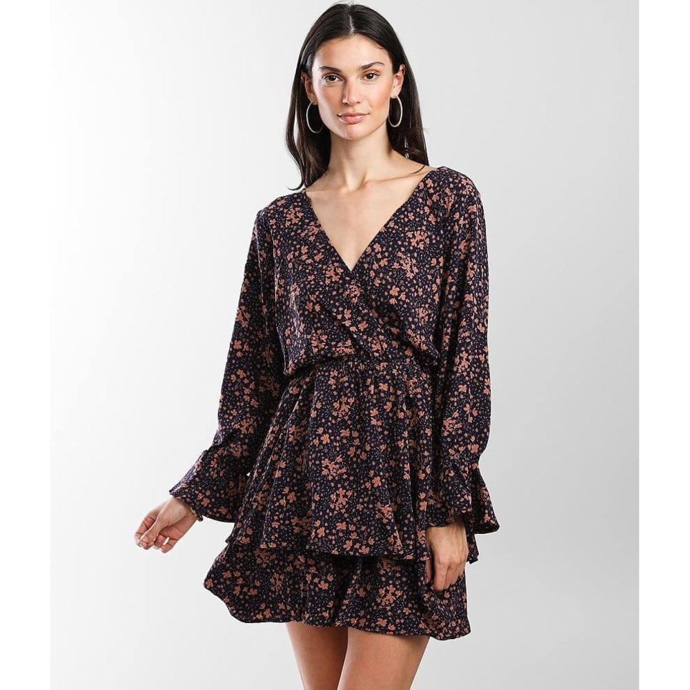 Sadie & Sage Floral Print Surplice Mini Dress in Midnight Pink Floral Tiered M